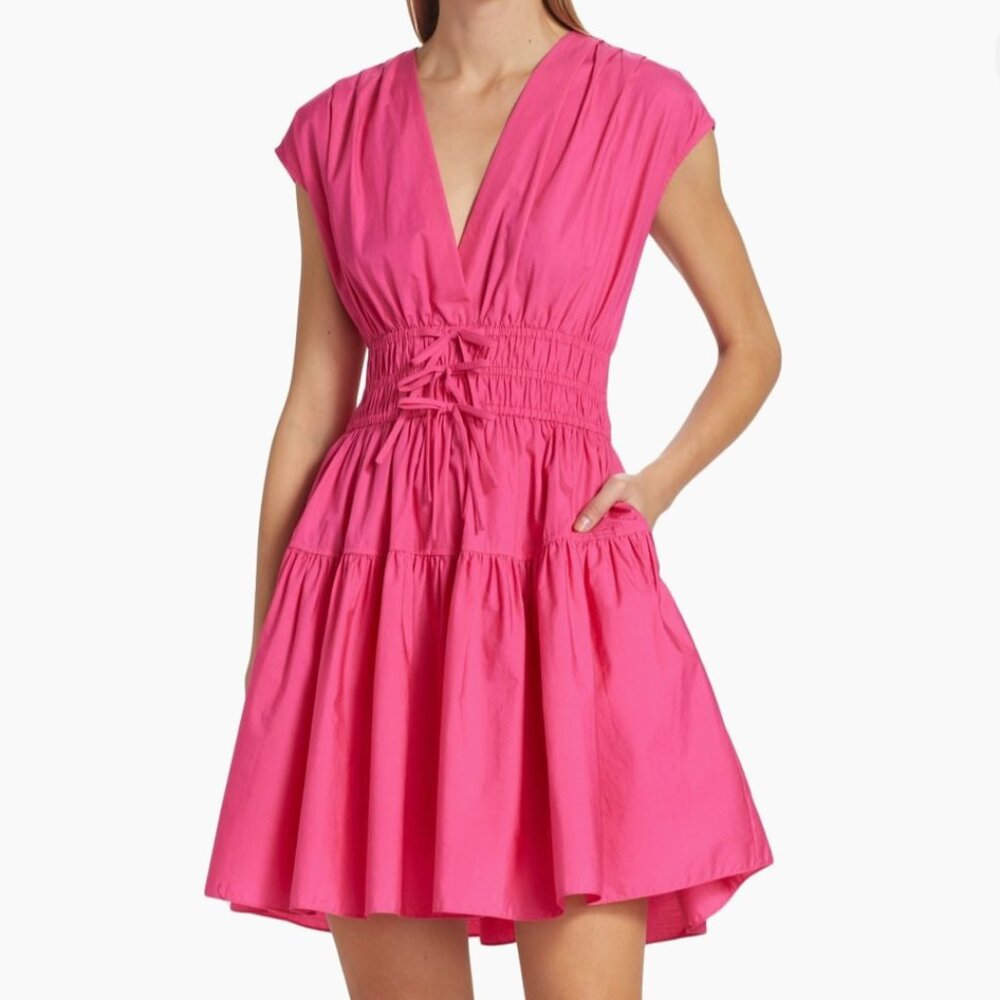 Derek Lam 10 Crosby Tora Smocked V-Neck Minidress- Fuchsia- US 6